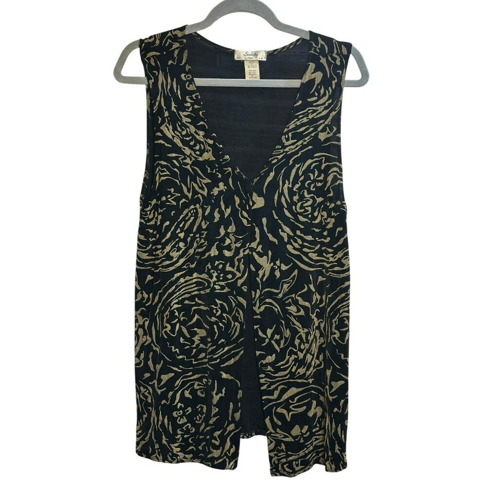 Vintage Society Sleeveless Top – Black & Tan Abstract Print Split-Front Blouse